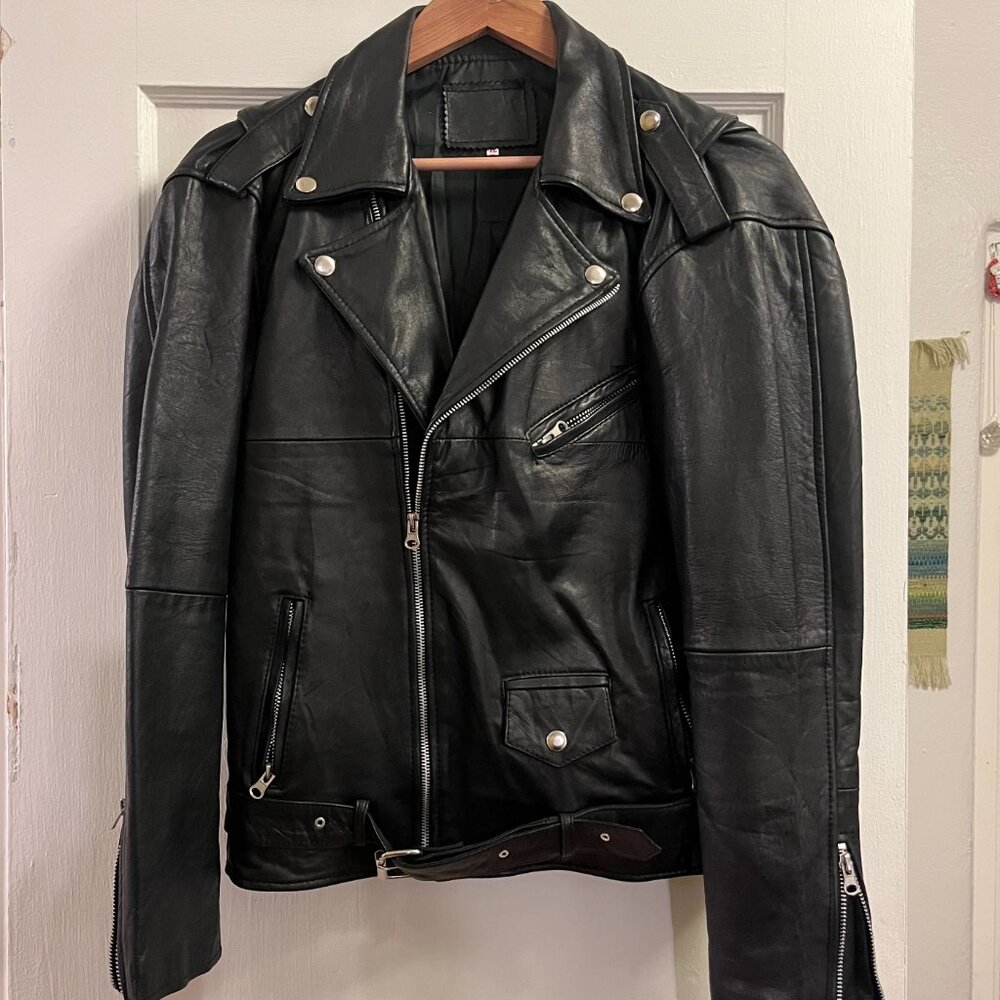 Handmade REAL Cropped Black Leather Biker Jacket - Women's Large